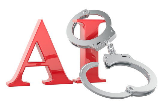 AI regulation with handcuffs. Artificial intelligence control concept. 3D rendering
