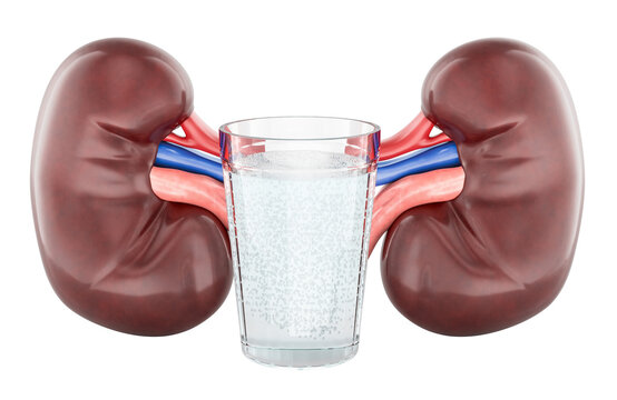 Human kidneys with glass of water for kidney health and hydration. 3D rendering