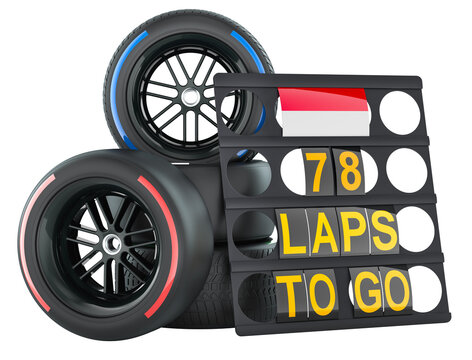 Monaco racing, pit board with flag of Monaco and racing wheels. 3D rendering