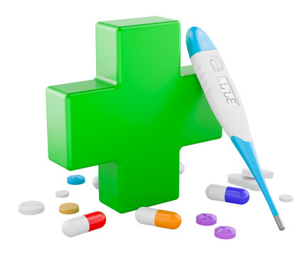 Pharmacy cross with thermometer and medicines for fever treatment. 3D rendering