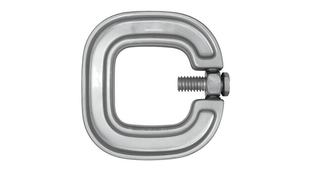 Industrial metal c-clamp tool with adjustable threaded screw isolated on a solid black background, for construction isolated on a transparent background