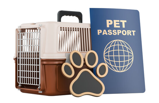 Pet passport with animal carrier and paw symbol for international pet travel. 3D rendering