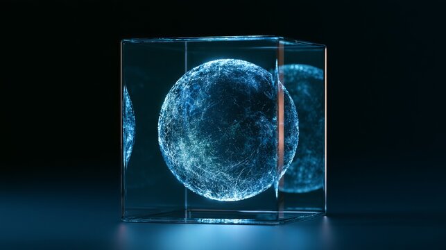 Blue planet encased in a transparent cube, displaying a captivating and surreal cosmic visual representation