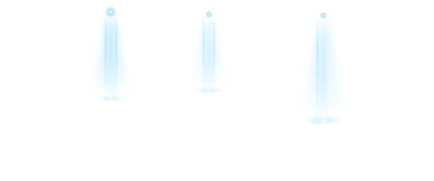 Three bright light blue glowing cone shapes arranged in a row against a solid black background, neon