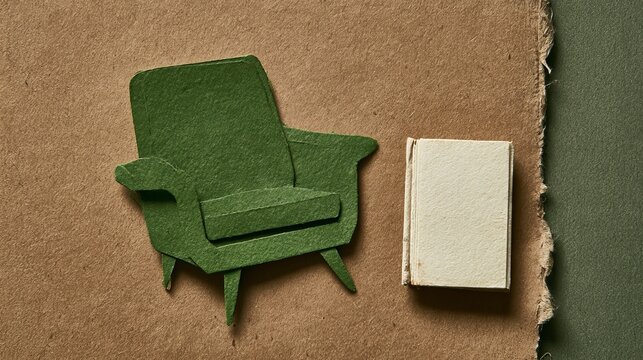 Miniature green armchair and book on textured paper, showcasing a study or relaxation concept
