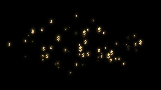 Golden dollar sign spinning in 3D with transparent green background, 4k cinematic money particle transition, high-end financial growth motion graphics, seamless loop vfx.