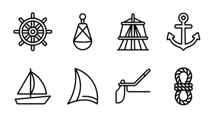 Nautical Icons Set: Marine Symbols, Ship Wheel, Anchor, Sailboat, Rope, Buoy, Vector Graphics © Josim