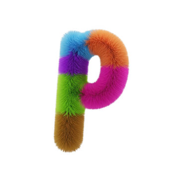Colorful fuzzy letter p made of soft plush fur