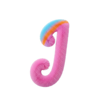 Fuzzy pink letter j with colorful rainbow accent