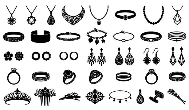 Jewelry Silhouette Collection Necklaces Bracelets and Decorative Accessories Vector Set