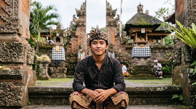 Man in balinese traditional clothing sitting at the temple entrance gates
