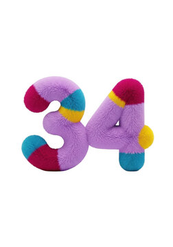 Colorful Fluffy Number 34 3D Furry Font PNG Isolated on Transparent Background