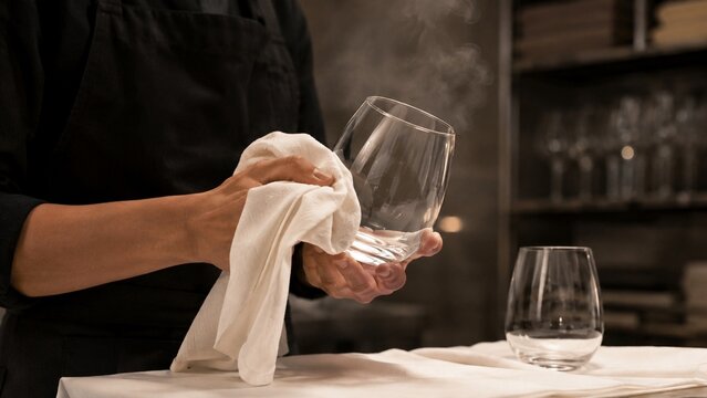 Bartender polishing wine glass with white cloth at bar counter, warm low light hospitality scene, professional service and cleanliness in restaurant setting
