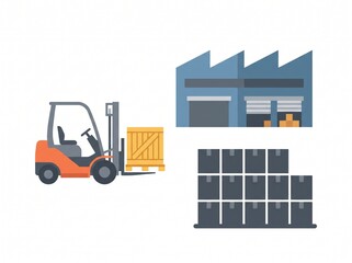 Naklejka premium Warehouse storage icon set featuring industrial forklift, pallet cargo boxes and distribution building