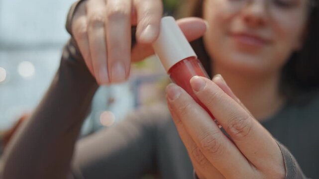 Hands holding pink lipgloss tube, removing cap to show saturated applicator, greenhouse cafe background with warm string lights, candid closeup of product and fingers, natural daylight, consumer demo