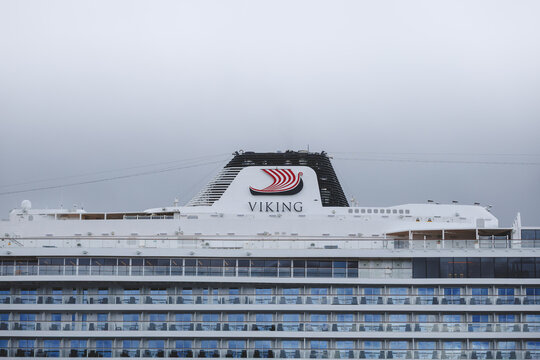 Alesund, Norway - August 2 2026 - Close view of Viking logo and upper decks of Viking Mars cruise ship docked in Alesund