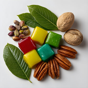 Colorful square candies surrounded by fresh green leaves and mixed healthy nuts
