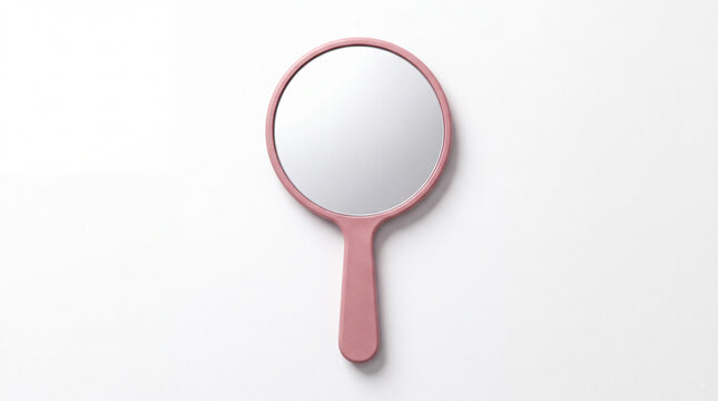 Handheld Mirror: A simple, pink handheld mirror with a circular reflective surface rests on a neutral backdrop, ready for use.