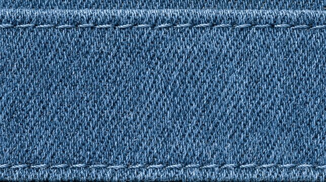 Close up of textured blue denim fabric with detailed stitching, perfect for fashion and textile backgrounds