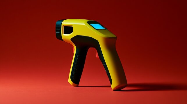 Yellow and black infrared thermometer against a vibrant red background, displaying a digital screen readout