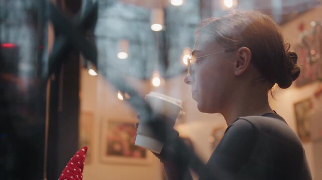 Contemplative cafe scene woman holding coffee, looking through rainspeckled window with soft steam, warm interior lights and blurred menu board in background, reflective quiet moment and moody color