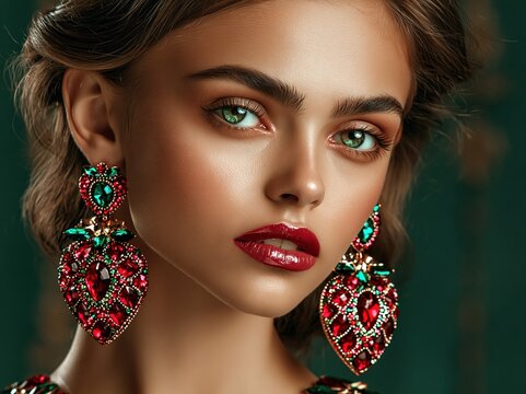Glamorous Woman with Vibrant Red Lipstick and Emerald Crystal Dangle Earrings on Dark Green Background