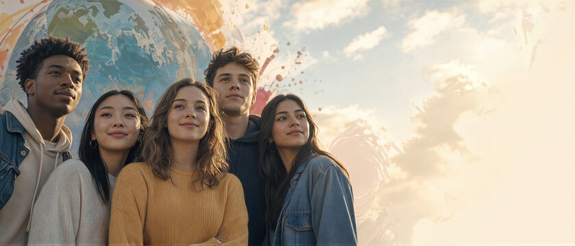 Group of diverse youth looking at a globe backdrop for International Youth Day. Happy friends representing global unity, cultural diversity and future generation. Banner with copy space