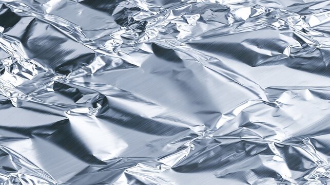 Abstract metallic texture of crumpled silver foil with bright reflections and shadows