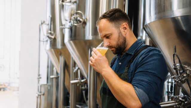 Male brewer inspecting beer fermentation in a modern brewery, stainless steel fermentation tanks visible in the background, focused on quality control of craft beer