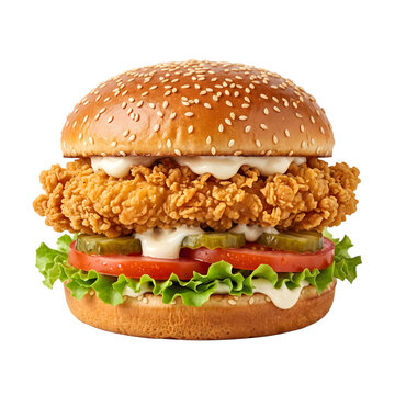 A delicious crispy fried chicken sandwich with fresh lettuce tomato and pickles isolated on transparent background