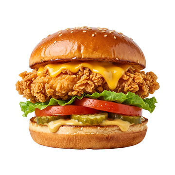 A delicious crispy fried chicken sandwich with melted cheese and fresh vegetables isolated on transparent background