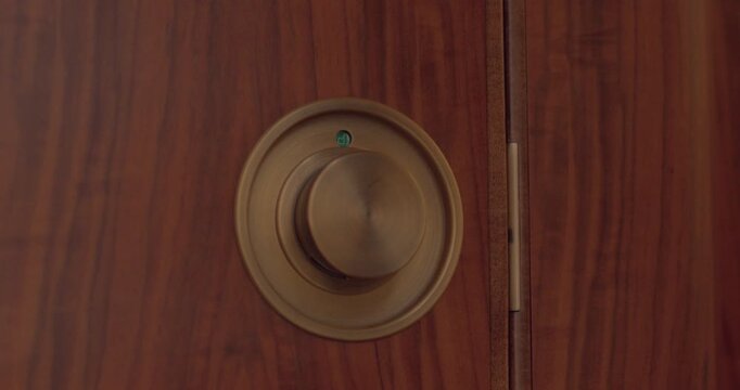 Metal knob details. Closeup of cabin door handle. Closeup of polished brass luggage compartment latch. Luxury aircraft door hardware with polished brass and green indicator light