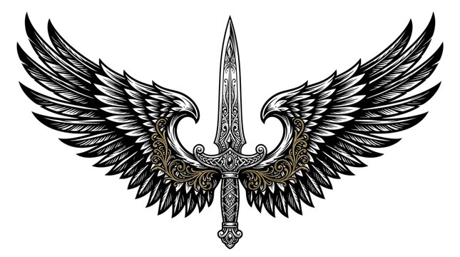 Intricate dagger adorned with ornate wings features sharp blade details in a symmetrical black white style