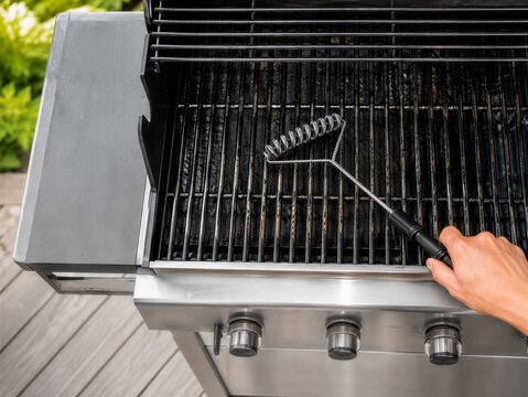 Person cleaning dirty barbecue grill grate with a bristle-free coil brush, concept of safe grill maintenance, food safety, grease removal, and seasonal outdoor cooking.
