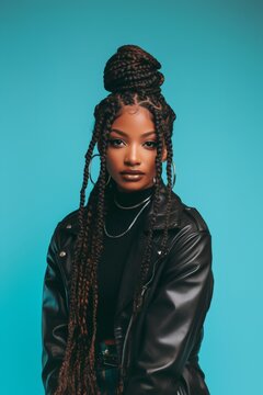 African American woman with box braids hairstyle in updo wearing leather jacket. Portrait of stylish girl with braided hair. Beauty, fashion concept and ethnic hair trend style.