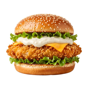 A delicious crispy fried chicken sandwich with cheese and lettuce isolated on transparent background