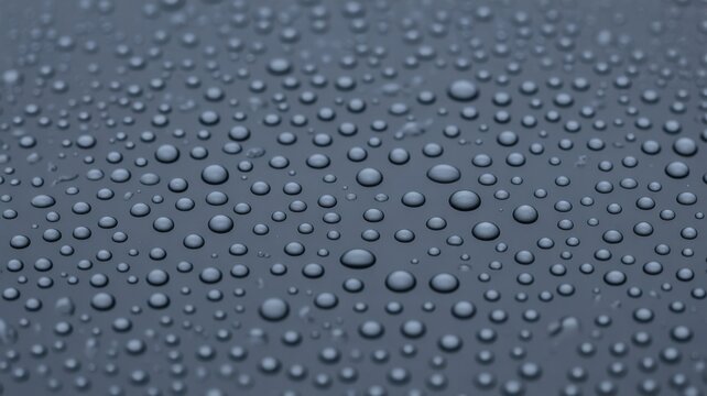 Water droplets on grey metallic surface.