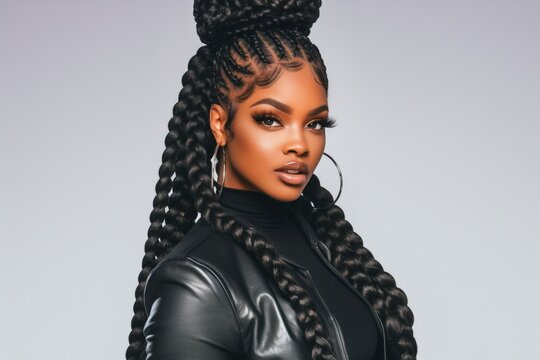 African American woman with elegant long box braids styled in high updo. Portrait of fashion model showing creative natural hairstyle. Beauty trend and hair care salon concept.