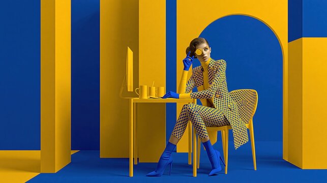 Stylish woman in a patterned suit sits in a minimalist yellow and blue abstract architectural space, holding a yellow object.