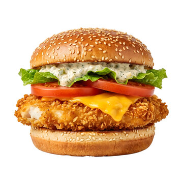 A delicious crispy breaded chicken fillet burger with melted cheese and fresh vegetables isolated on transparent background
