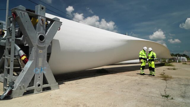 Workers inspect a large wind turbine blade in a manufacturing area during the day