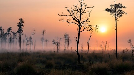 Fototapeta premium Silhouettes of bare trees stand tall against a glowing sunrise over a misty wetland landscape