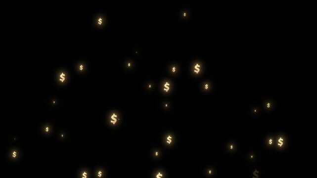 Animation with the dollar symbol built from particles, Dynamic golden dollar sign rotation on black screen background, vibrant wealth animation, 4k cinematic money particle transition.