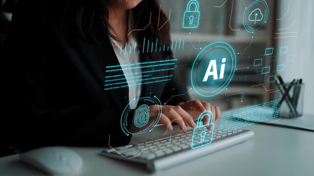 Business Professional Engaged in Cybersecurity with AI Technology and Virtual Locks Representing Data Protection in Modern Office Environment. Entropy.