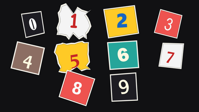 Numbers from Zero to Nine: A vibrant collection of number cards from 0 to 9, each in a distinct color and style, scattered across a dark background. Some cards are torn, adding a unique.