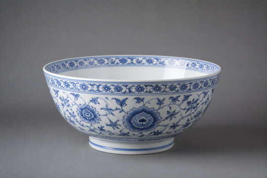 A blue and white porcelain bowl is displayed against a plain gray background.