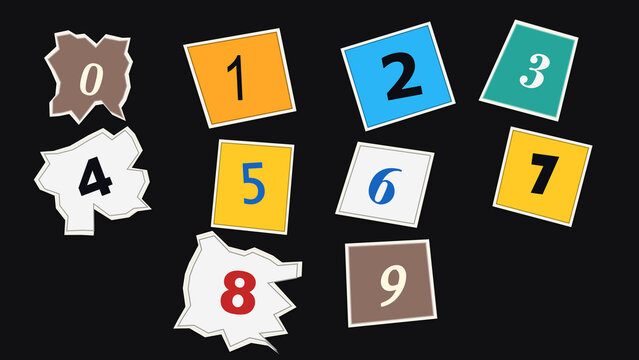 Numbers Scattered on Black Background: A collection of colorful, fragmented squares displaying numbers zero through nine are scattered across a dark background.