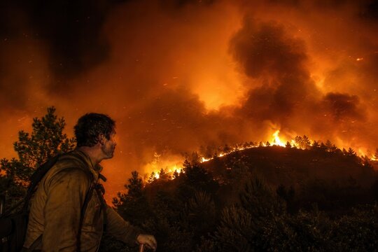 Feuerwehrmann vor n&auml;chtlicher Feuerfront &ndash; Eine Einsatzkraft beobachtet einen sich schnell ausbreitenden Waldbrand, w&auml;hrend Funkenflug, Rauch und orangefarbener Himmel die Bedrohung verst&auml;rken.