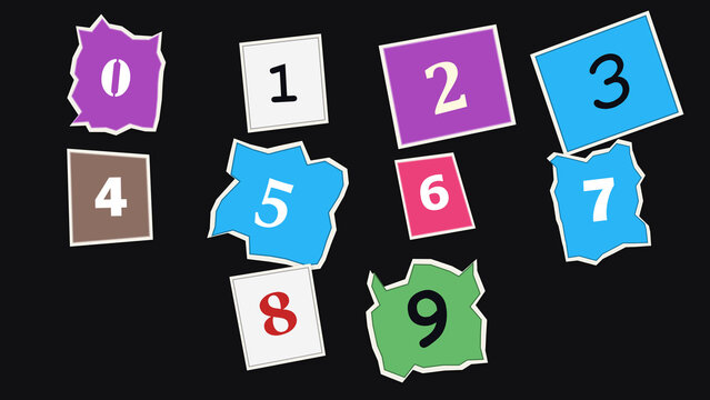 Colorful Numbers Scattered: A collection of vibrant, oddly shaped tiles displaying numbers from zero to nine are scattered across a dark background, creating a playful and educational visual.