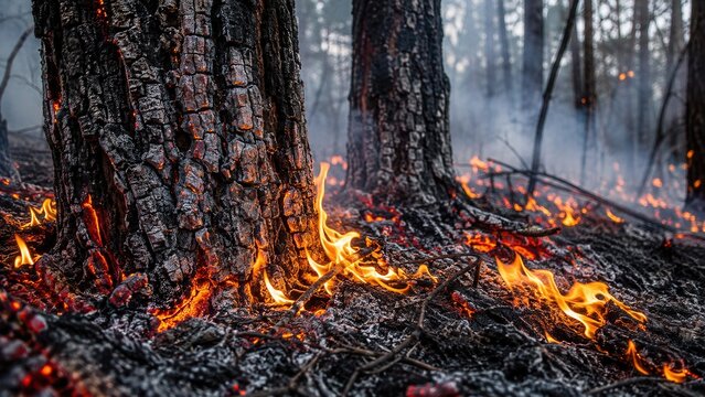 Glut und Bodenfeuer im verbrannten Wald &ndash; Nahaufnahme eines verkohlten Baumstamms mit glimmender Rinde, kleinen Flammen und rauchendem Waldboden nach einem Brandereignis.